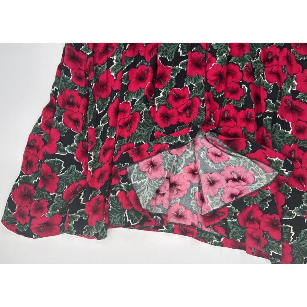 Vintage 80s Caroline Wells Dress 24W Long Red Floral Pleated Button Victorian - Picture 10 of 12